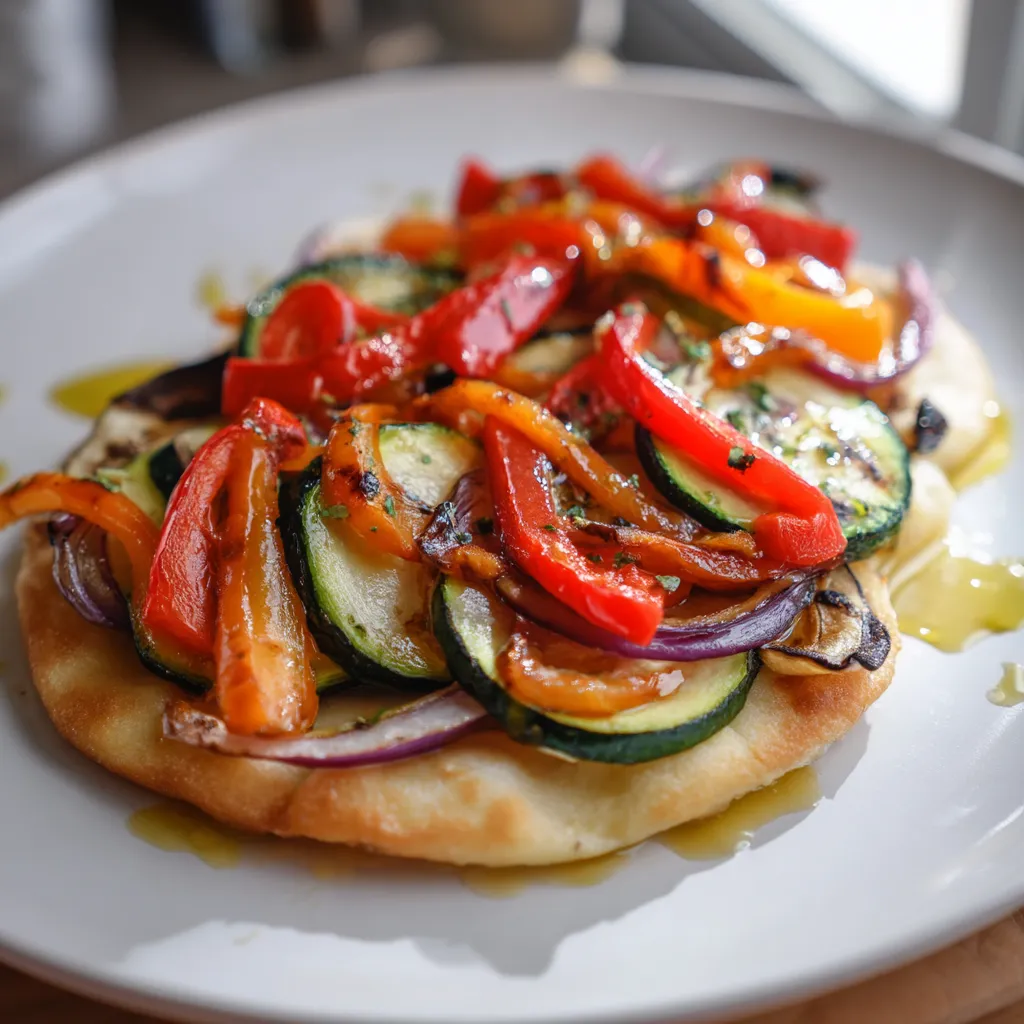 Una coca de verduras con zucchini, tomate, cebolla y pimiento.