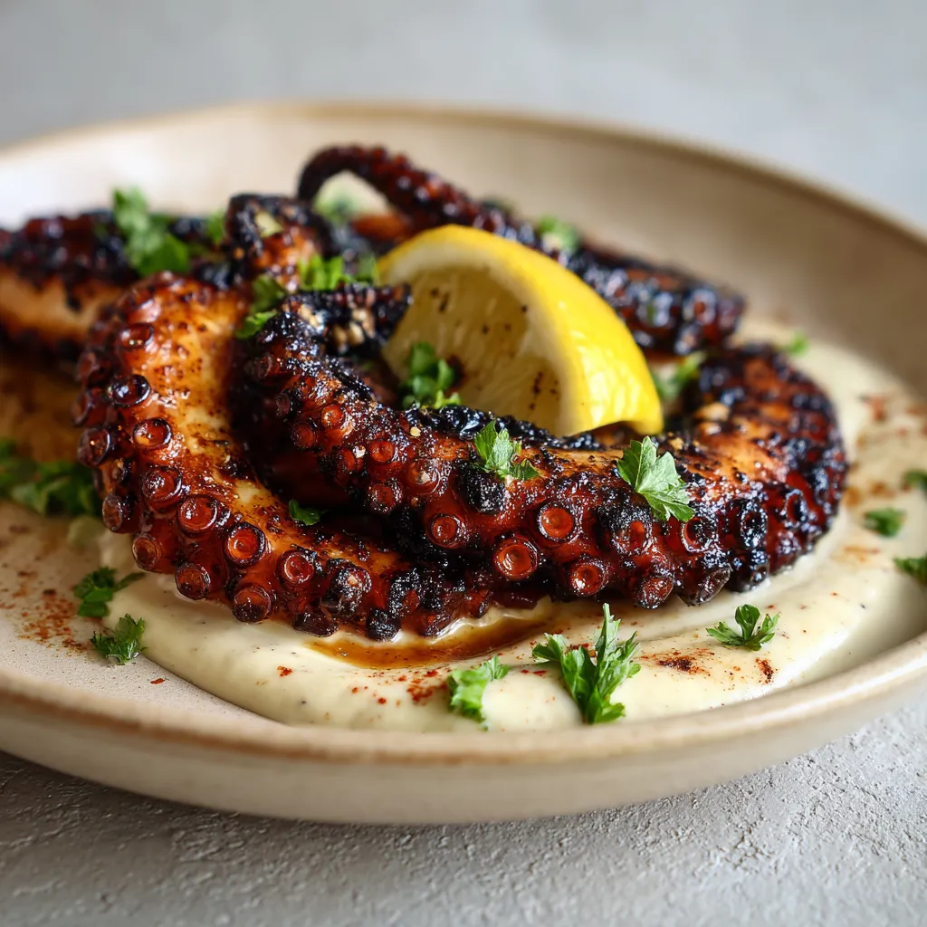 Grilled octopus with black garlic aioli.