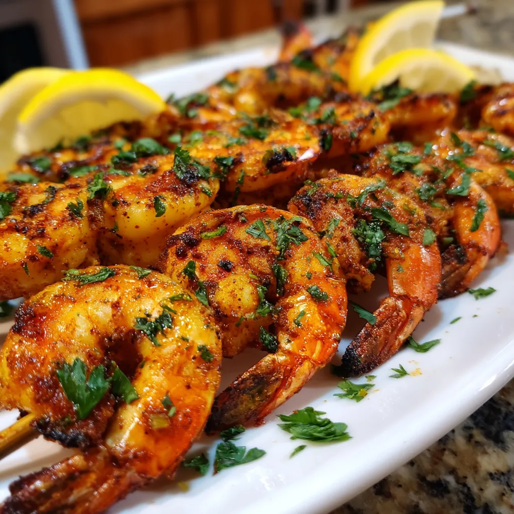 Plate of shrimp skewers with lemon wedges.