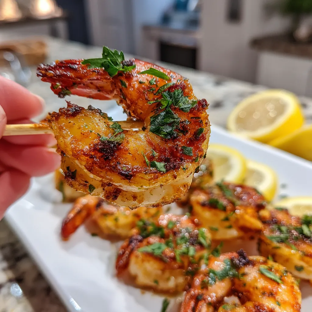 Brochetas de gambas con limón.