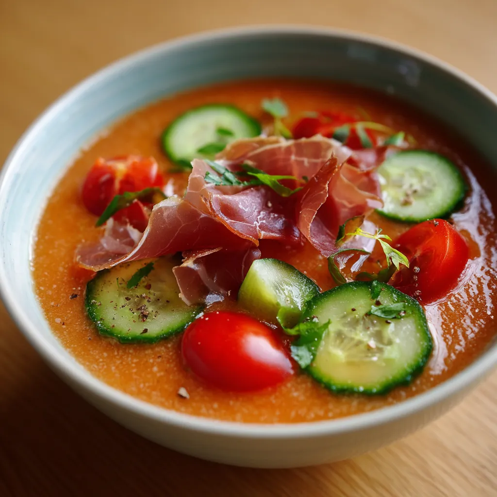Gazpacho de cerezas con virutas de jamon.