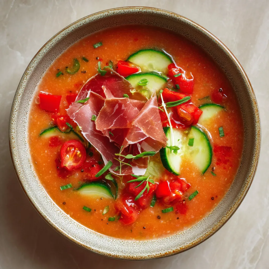 Gazpacho de cerezas con virutas de jamón.