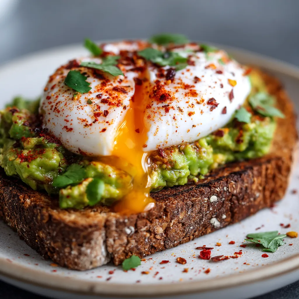 Avocado toast con huevo pochado y pimentón.