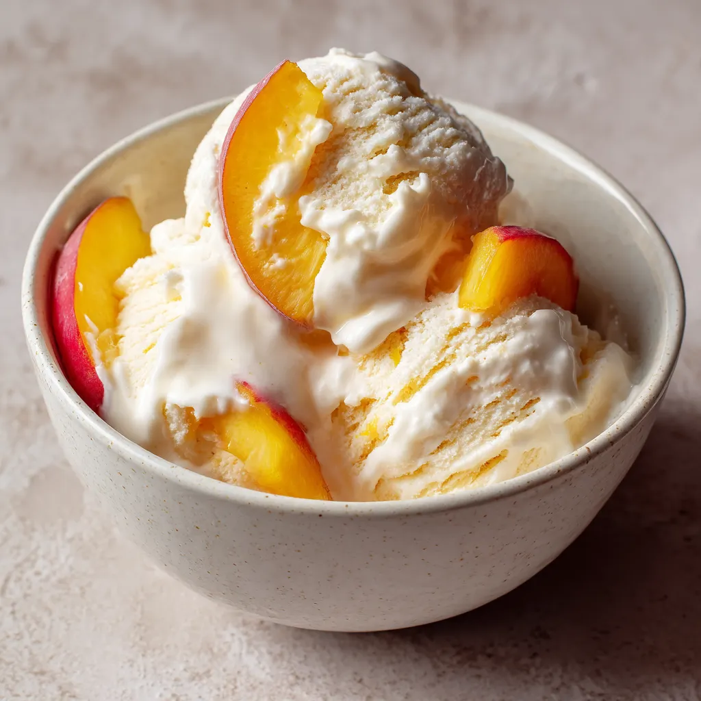 Un bol de helado casero con yogur y melocotón.
