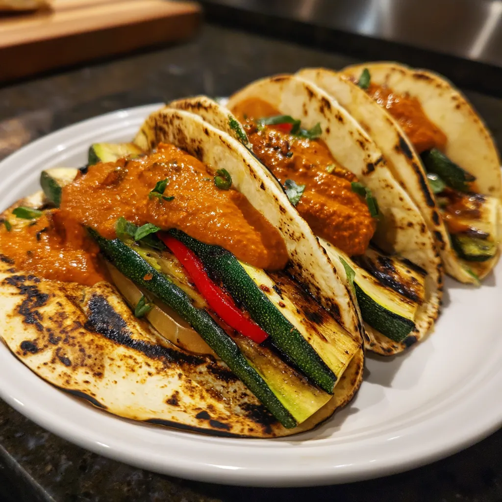 Grilled zucchini tacos con salsa romesco.