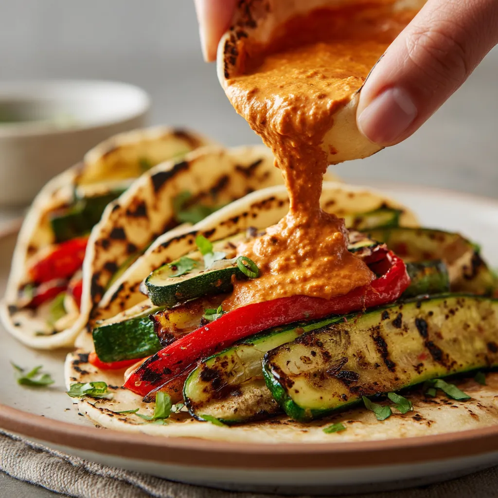 Grilled zucchini tacos with romesco sauce.