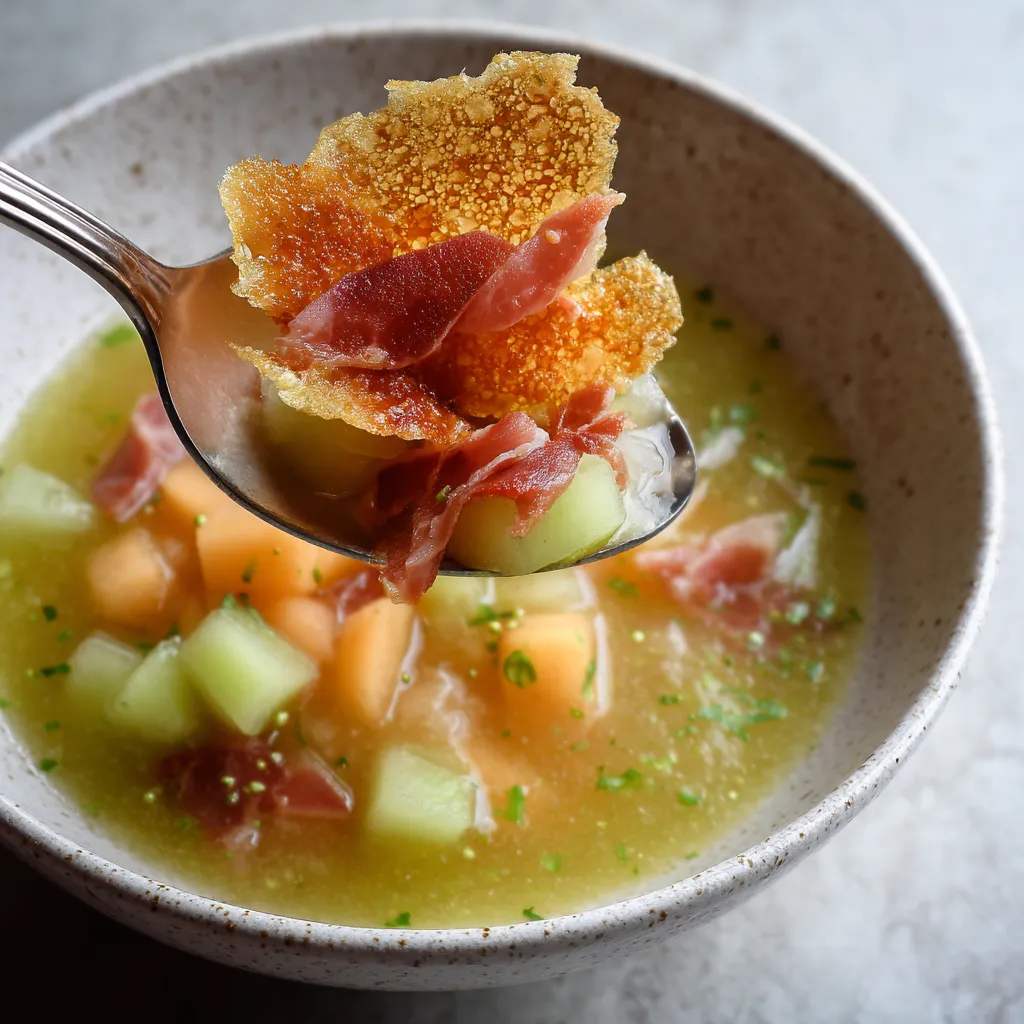 Una porción de sopa de melón frío con chips de jamón ibérico.