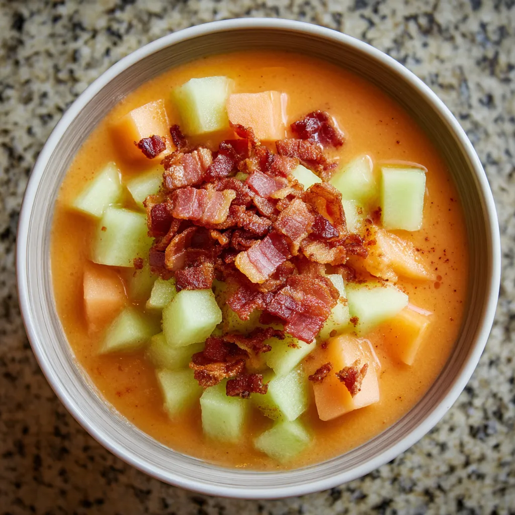 Sopa de melón frío con chips de jamón ibérico.