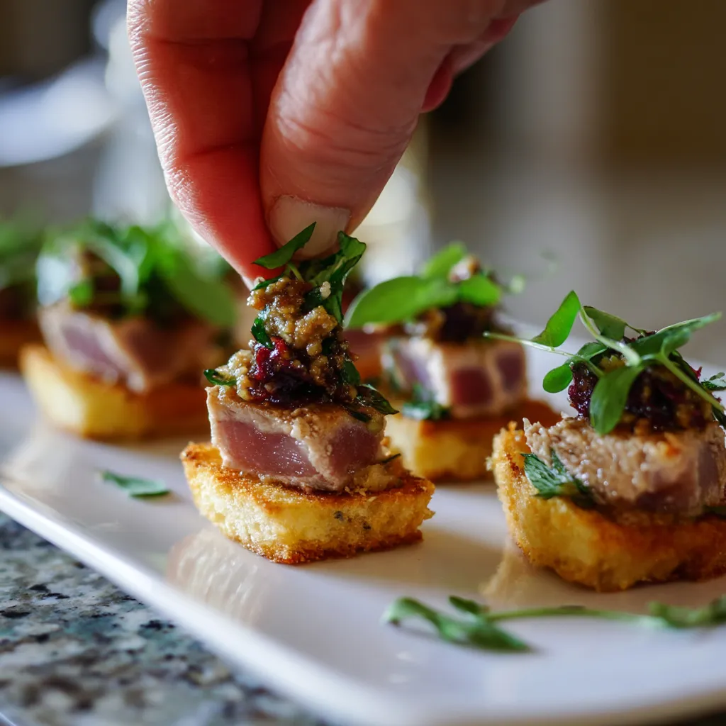 Seared tuna bites con tapenade de aceituna en un pan de cristal.