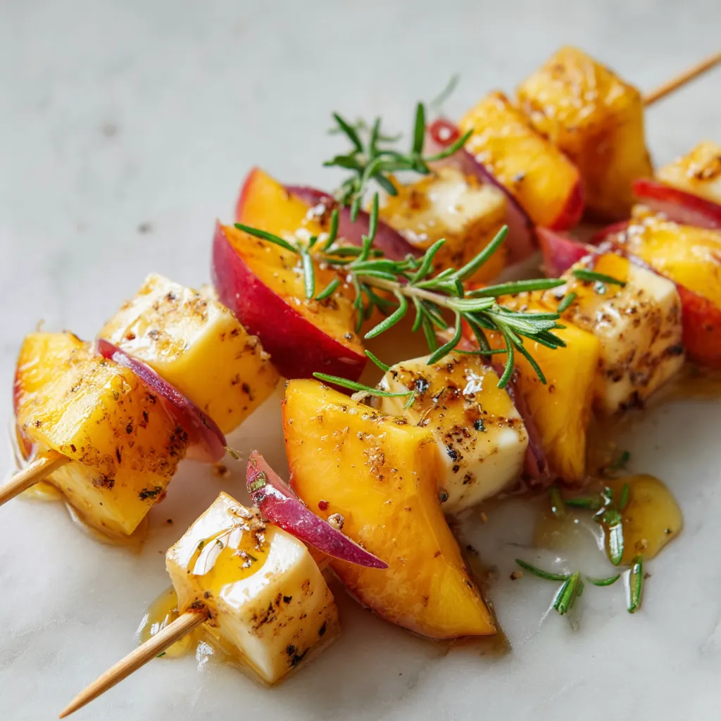 Skewers de manzana y queso con hierbas y miel.
