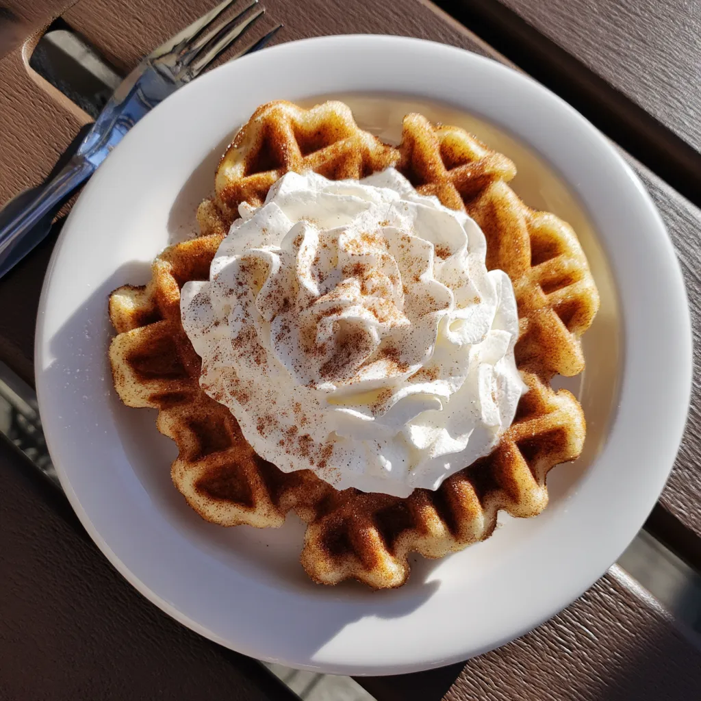 Churro waffles con cinnamon y whip.