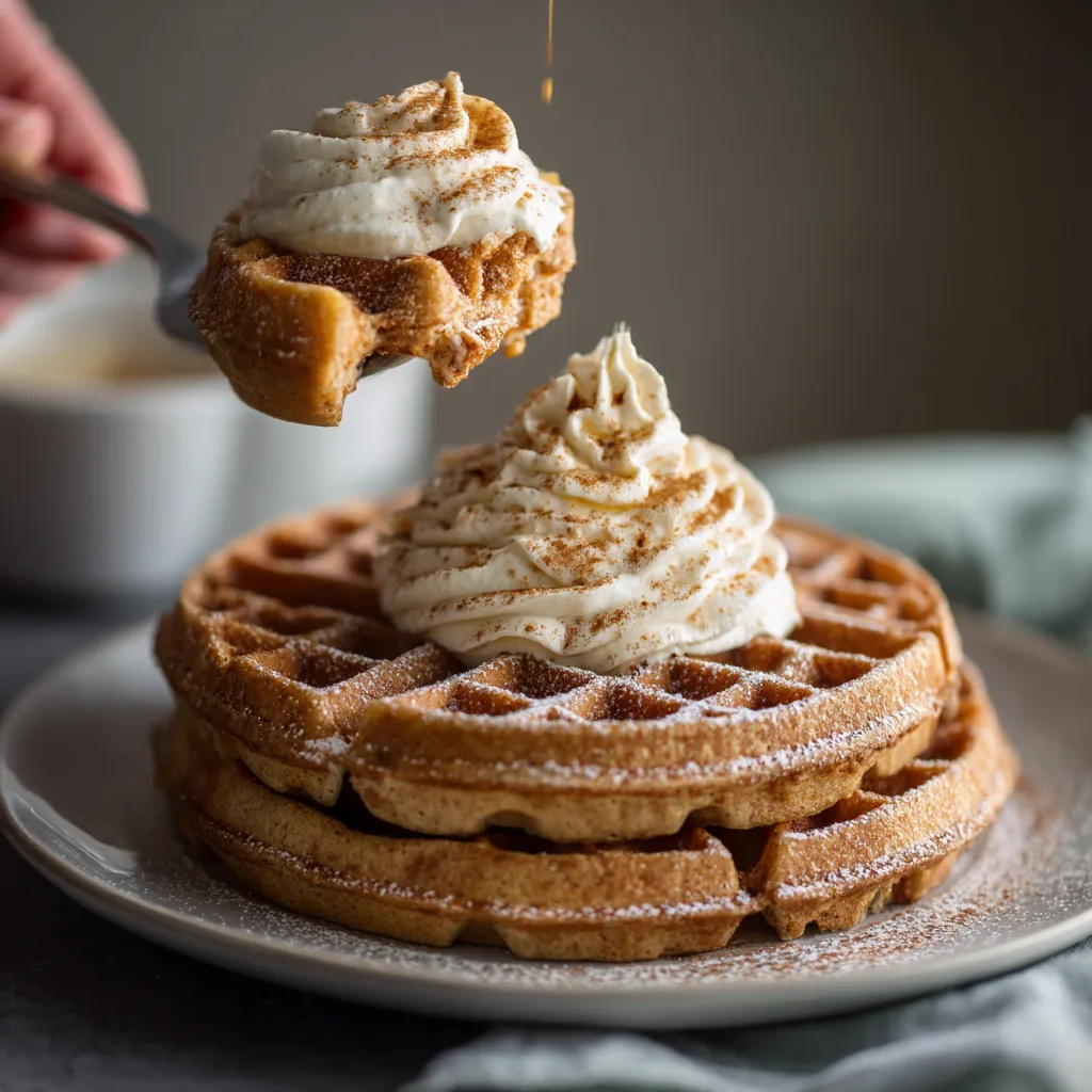 Churro waffles con cinnamon y whip de naranja.