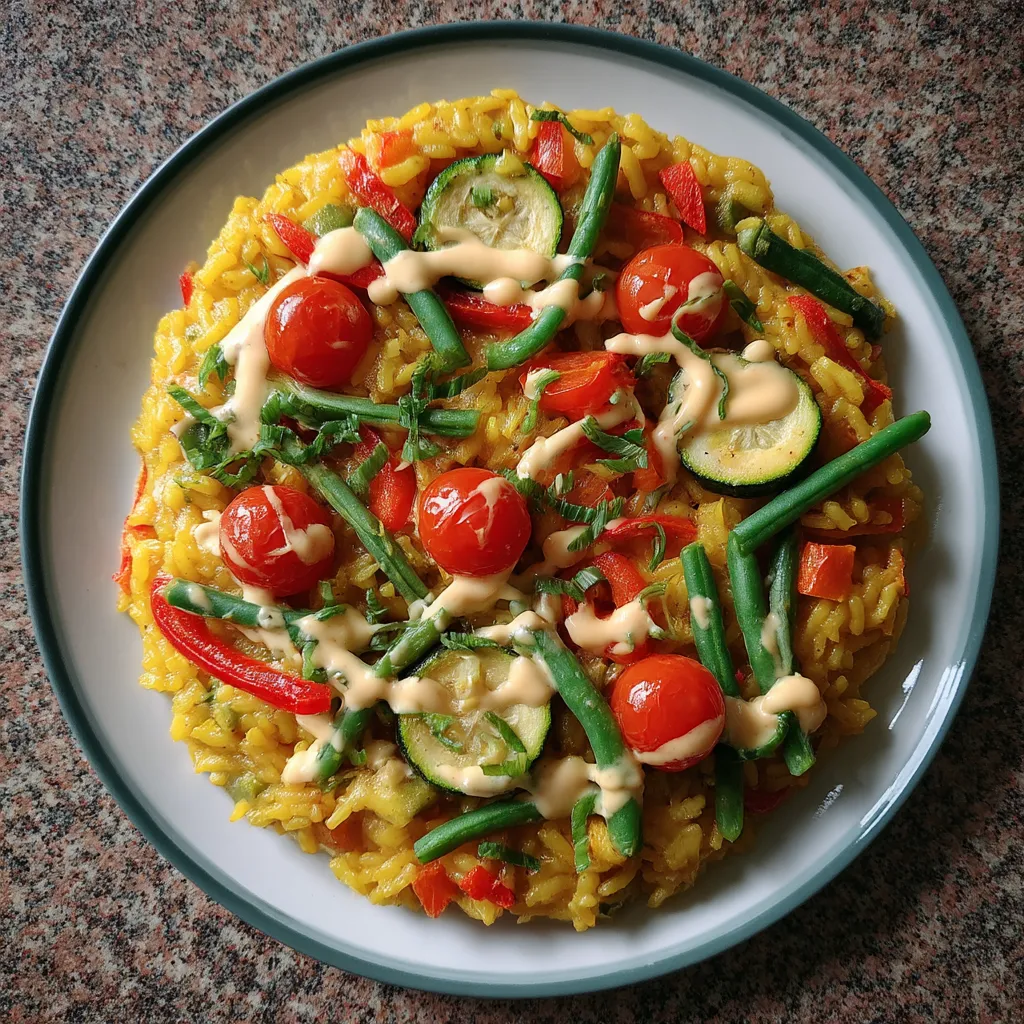 Una cena de paella con verduras asadas y salsa de ajo.