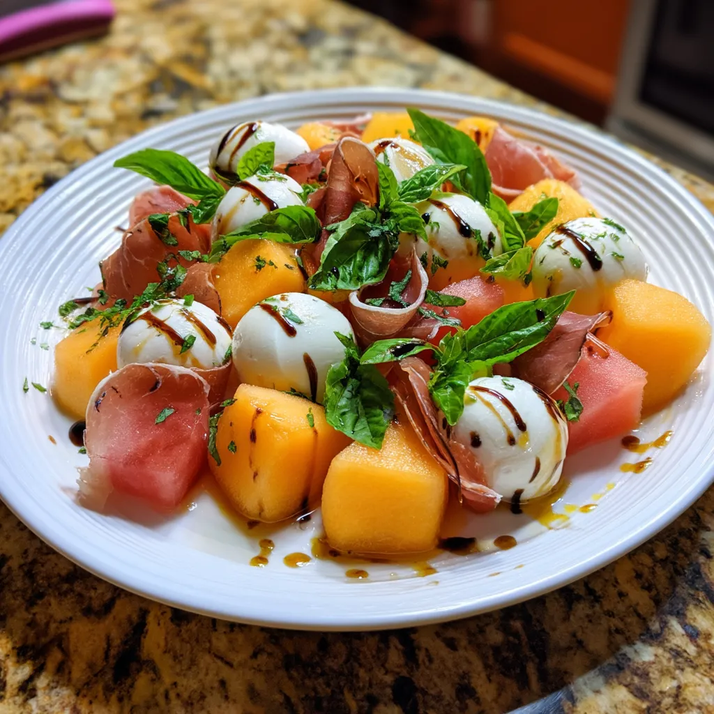 Una salada de melon, mozzarella y jamon cru.