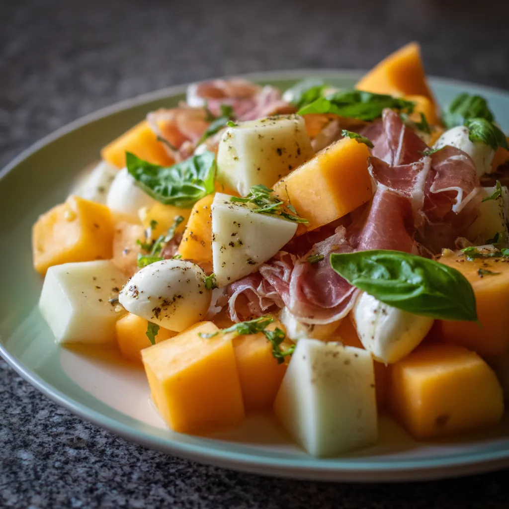 Salade de Melon, Mozzarella & Jambon Cru.