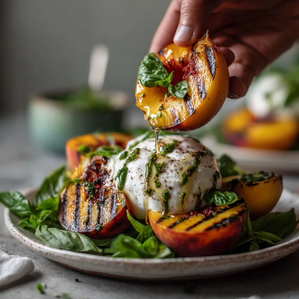 Salade de pêches grillées, burrata y basilic.