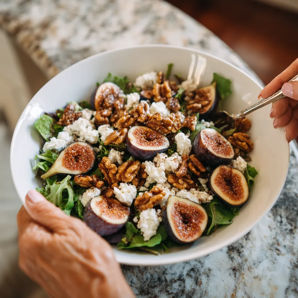 Salade de figues, chèvre frais y noix caramélisées.
