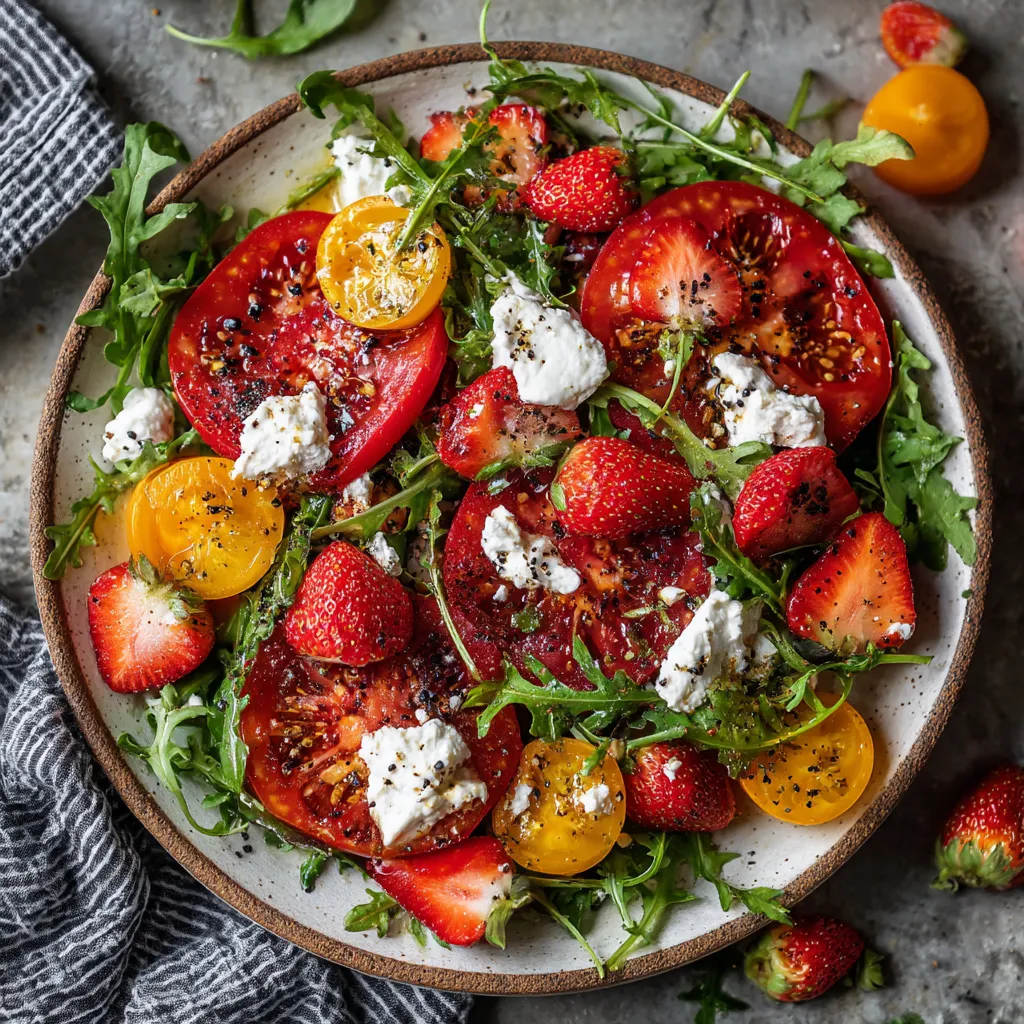 Salade de tomates antiguas, fresas y ricotta.