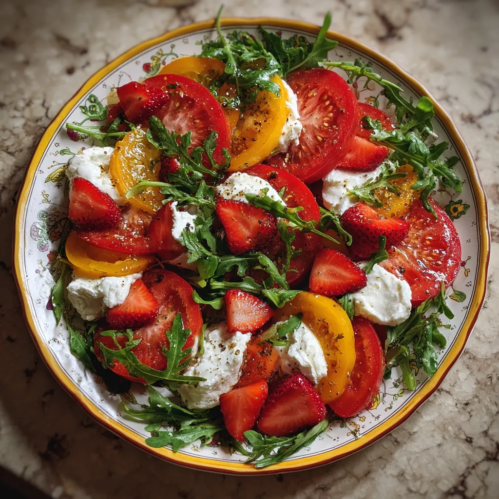 Una salada de tomates, fresas y ricotta.