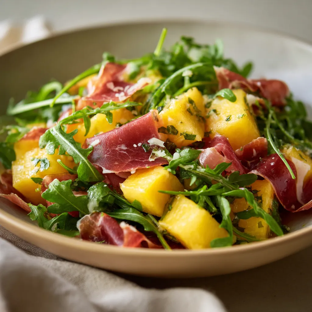 Salade de melon, roquette y coppa.
