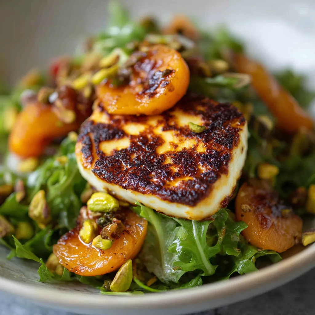 Salade d'abricots rôtis, halloumi & pistaches.