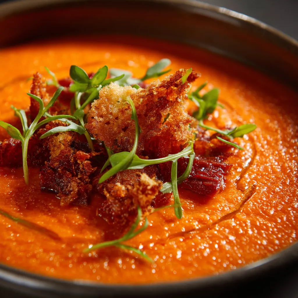 Salmorejo con tostadas de pan.