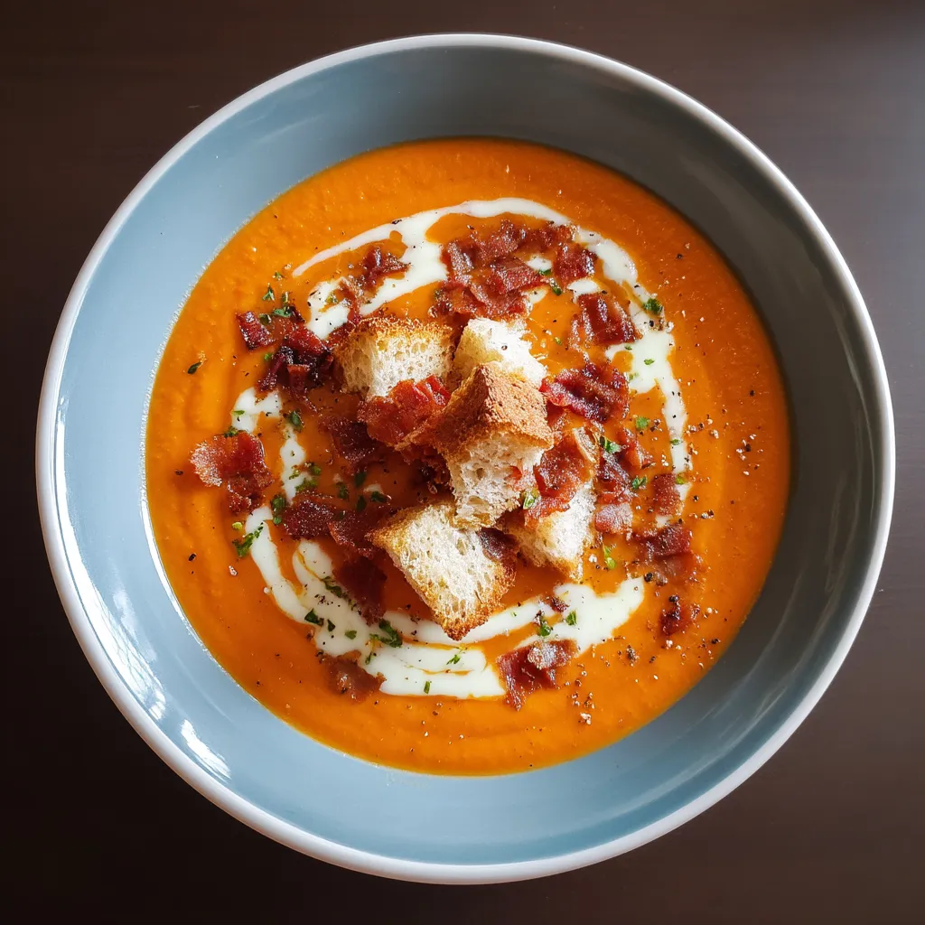 Salmorejo con bacon y pan tostado.