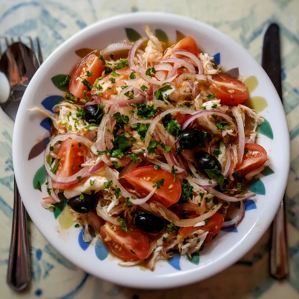 Una ensalada con tomates, cebolla, aceite de oliva y pepinillos.
