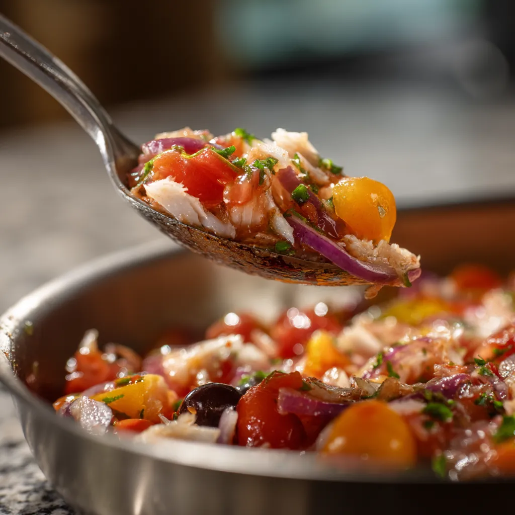 Una cuchara de esqueixada con tomates y cebolla.