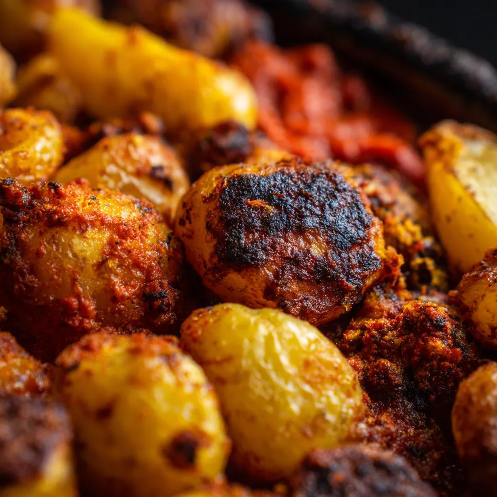 Papas arrugadas con carne y salsa.
