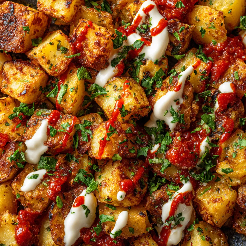 Patatas fritas con salsa y queso.