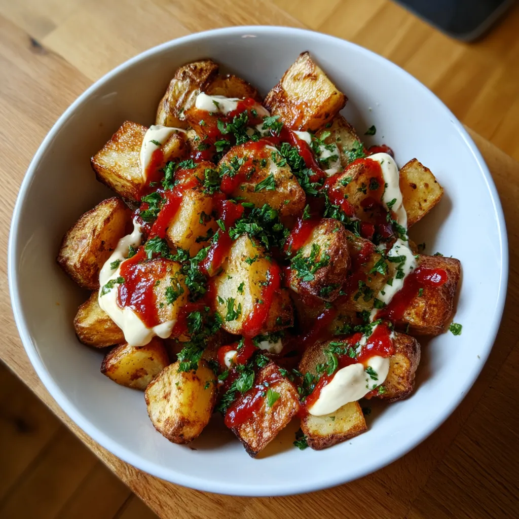 Plato de papas fritas con salsa.