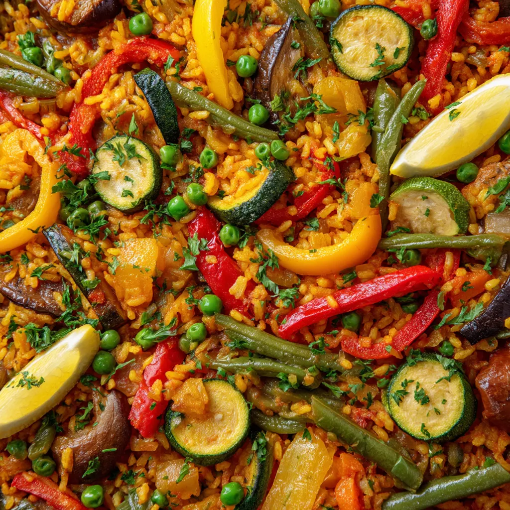 Una paella de verduras con una gran variedad de verduras.
