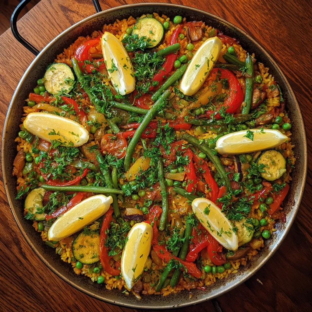 Paella de verduras con tomates, zanahorias, pimiento, cebolla y ajo.