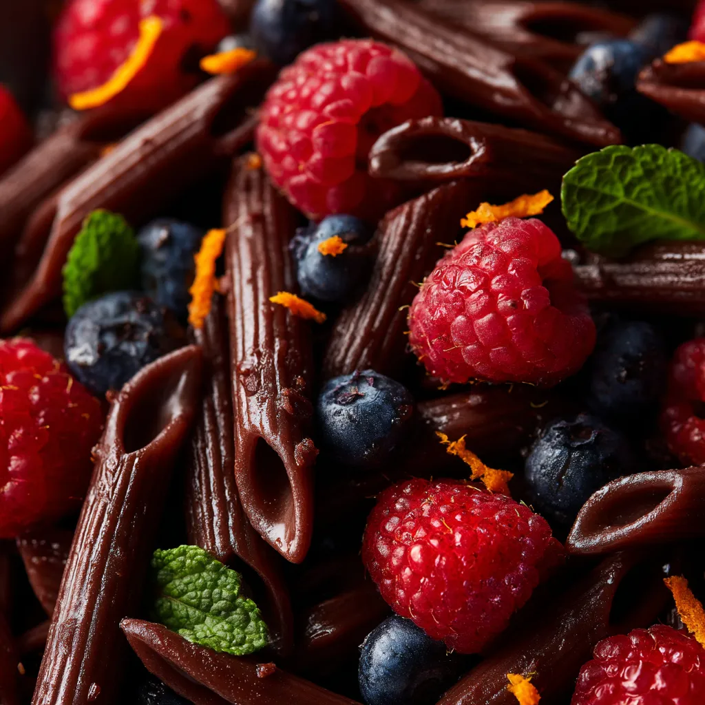 Sweet chocolate penne con frutas mixtas.