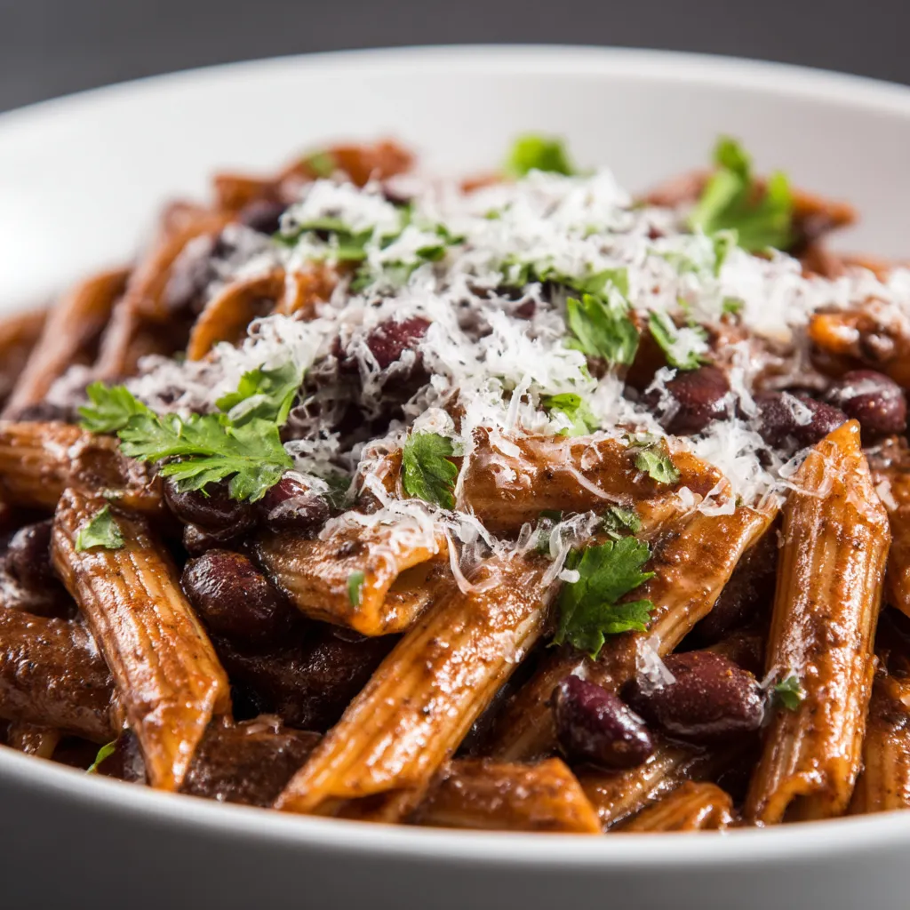 Penne con salsa mole de chocolate.