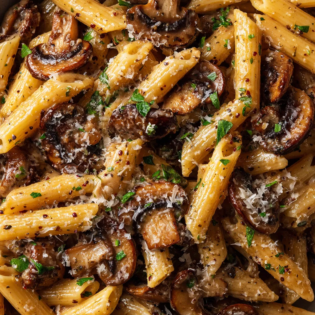 Penne con salsa crema de cacao y champiñones.