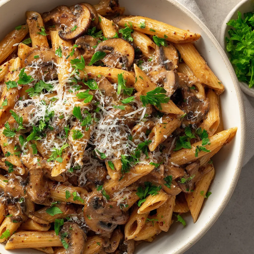 Penne con salsa crema de cacao y champiñones.