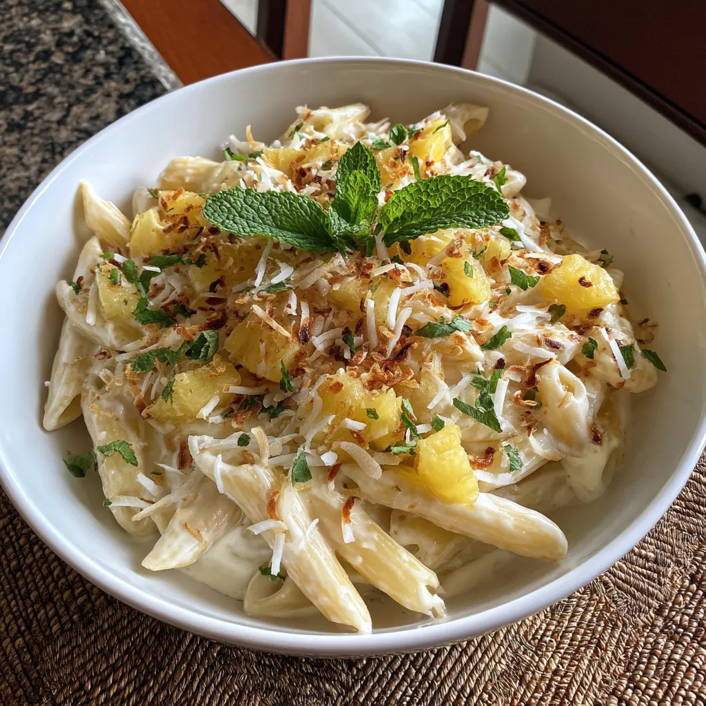 Una cacerola con pasta con chocolate blanco, piña y coco.