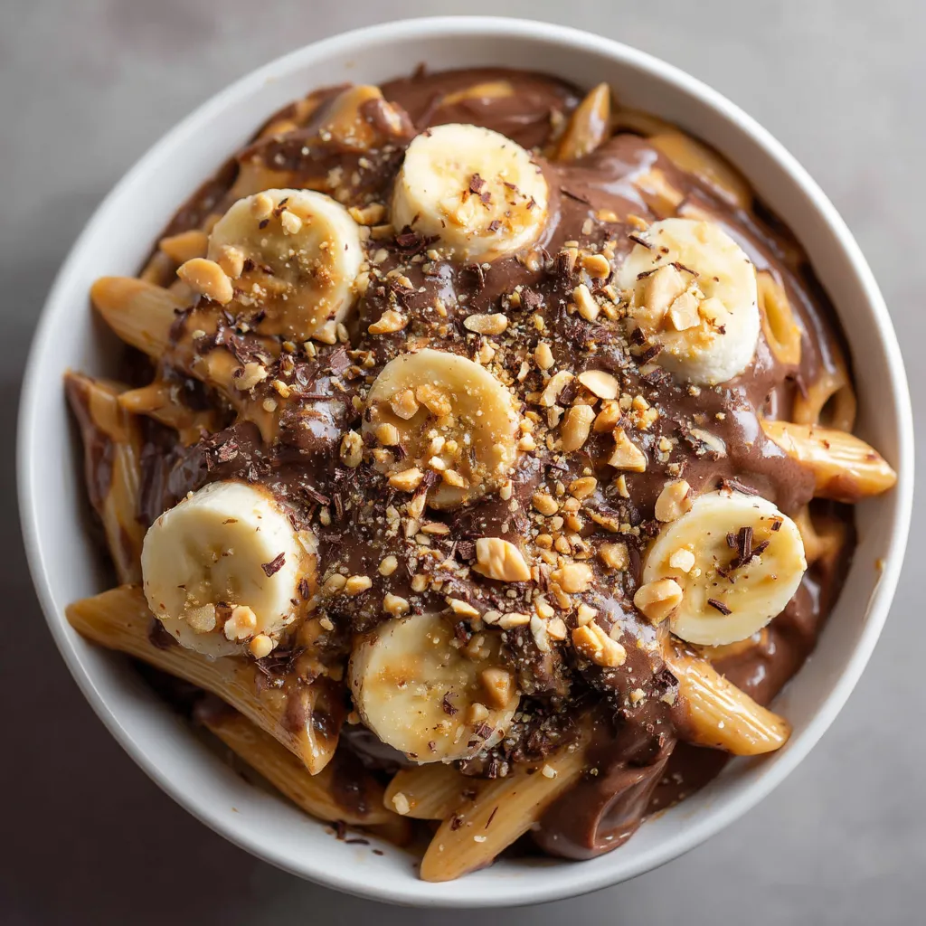 Un plato de pasta con chocolate y bananas.