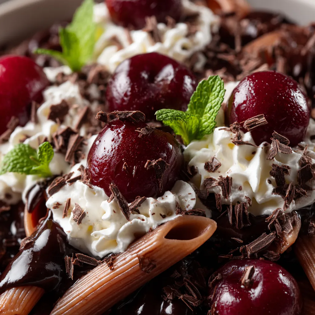 Penne con salsa de chocolate, cherries y crema batida.