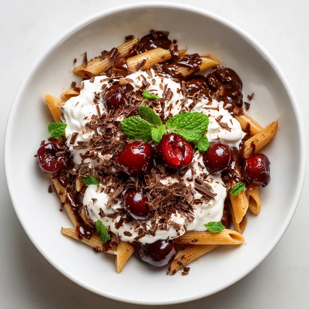 Penne con salsa de chocolate, cherries y crema batida.