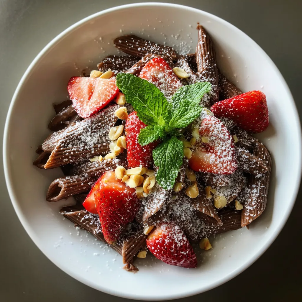Plate of food with chocolate hazelnut dessert penne and strawberries.