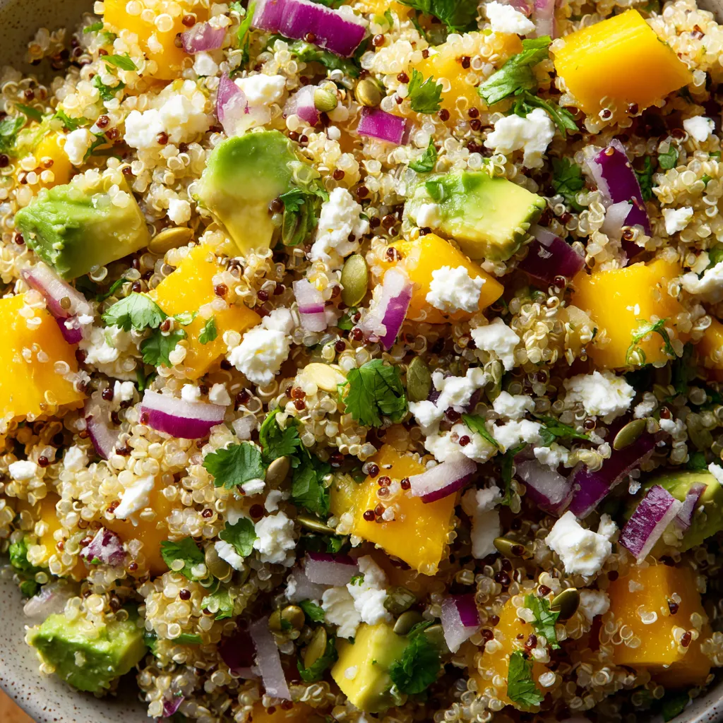 Una deliciosa ensalada de quinoa con mango, aguacate y queso fresco.