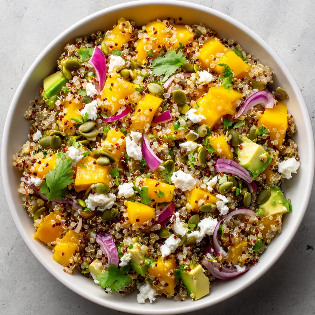 Un plato de quinoa con mango, aguacate y queso fresco.
