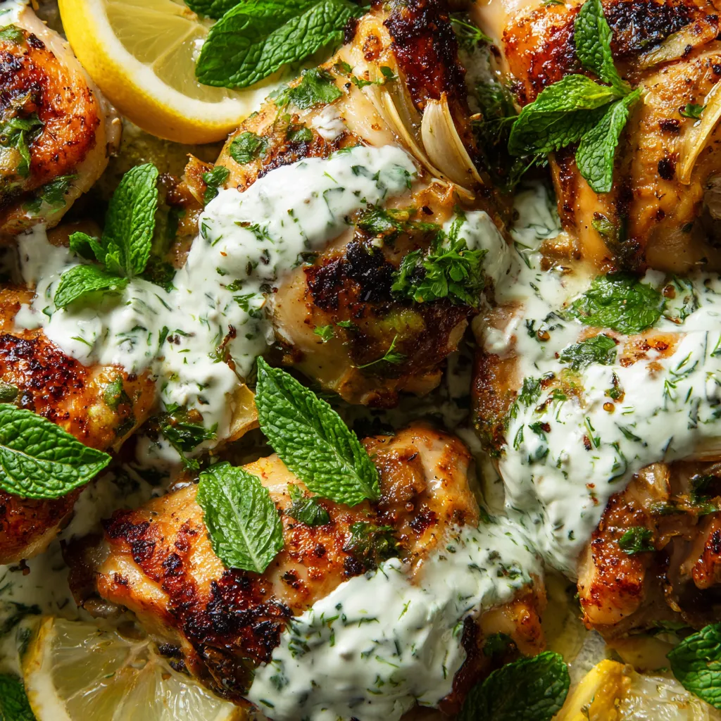 Pollo al Ajillo con salsa de yogur y hierbas frescas.