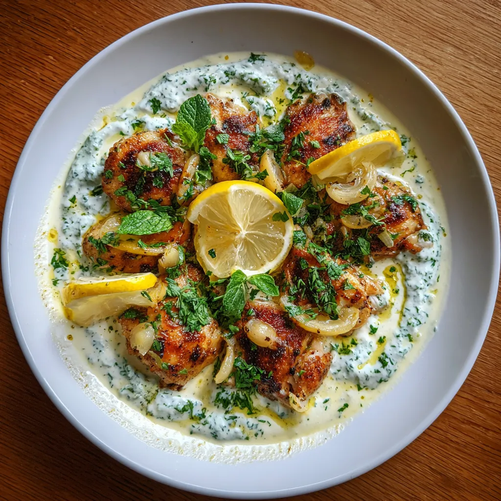 Pollo al Ajillo con salsa de yogur y hierbas frescas.