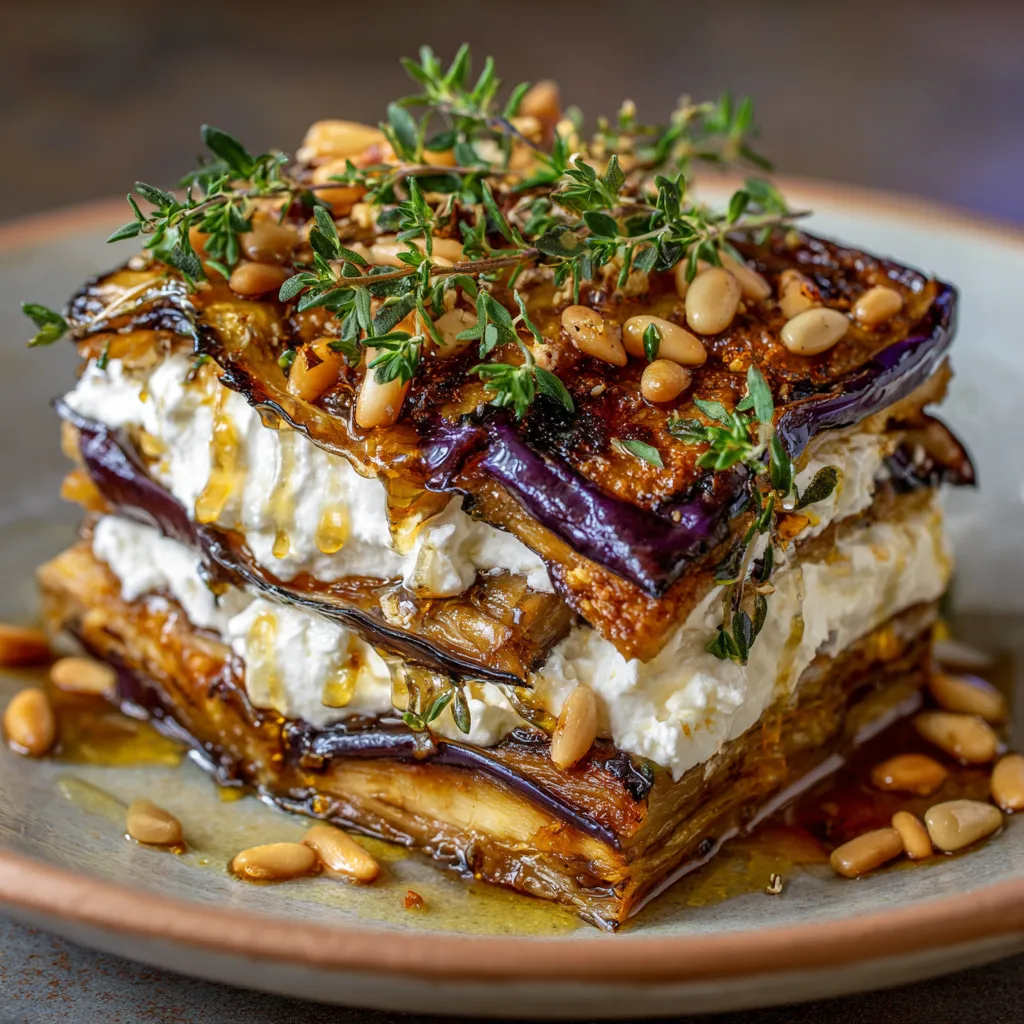 Eggplant Millefeuille con miel de caña y queso de cabra.