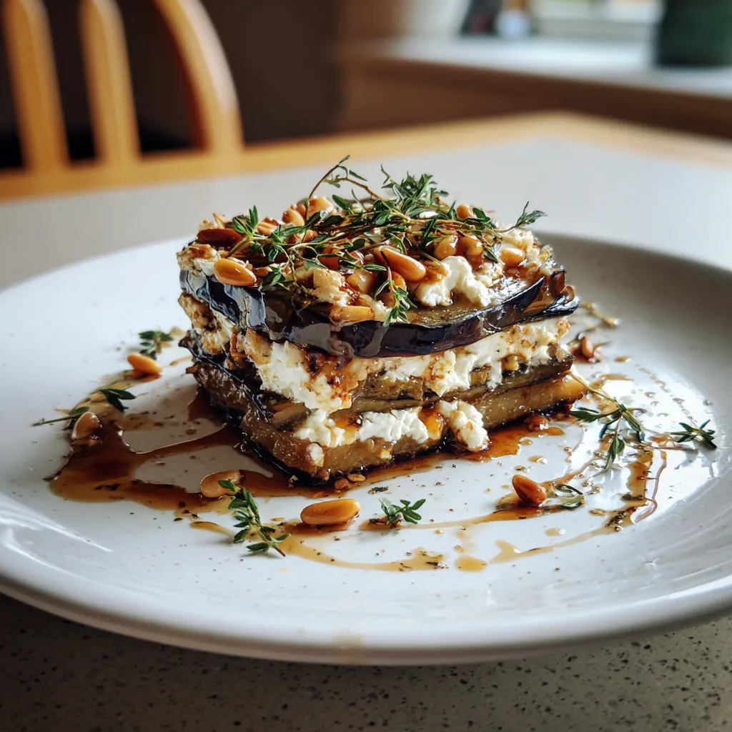 Eggplant Millefeuille con miel de canela y queso de cabra.
