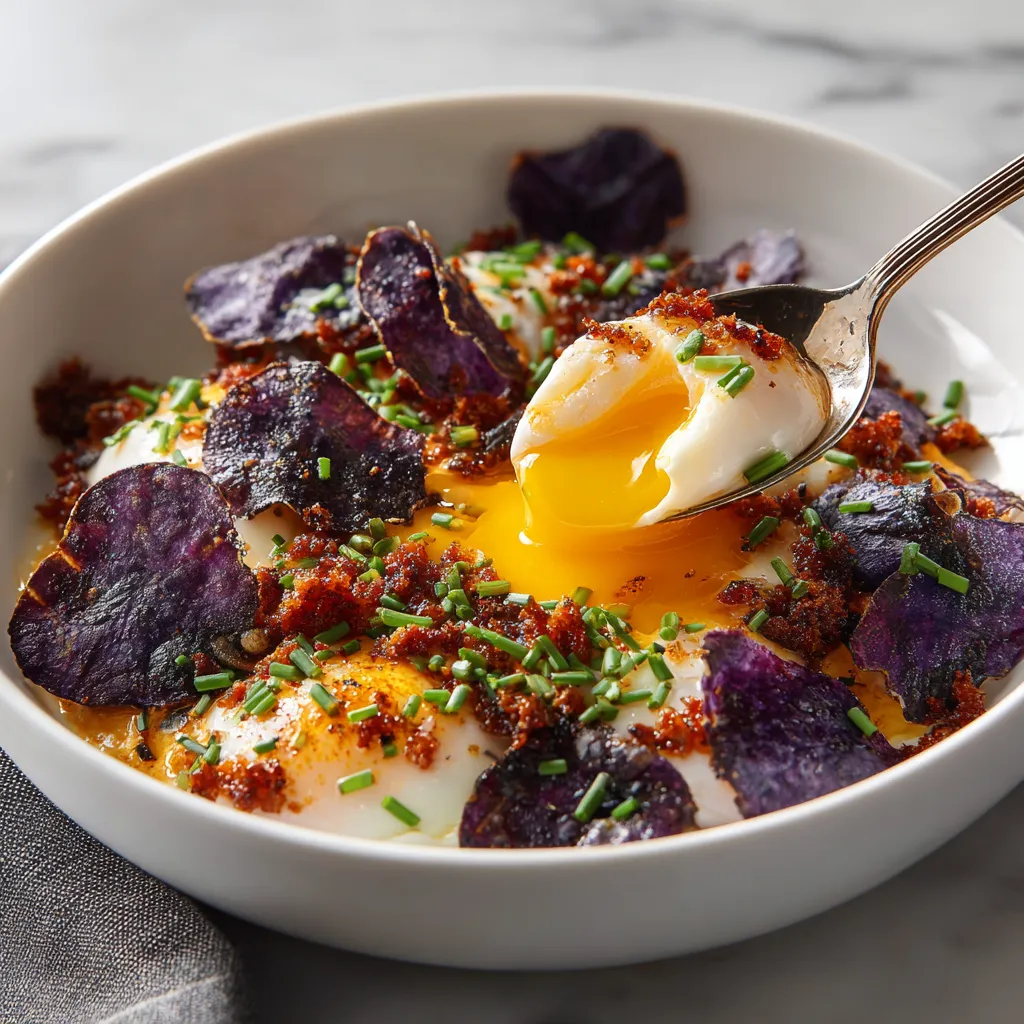 Sous-Vide Eggs on Sweet Chorizo Cream with Purple Potato Chips.